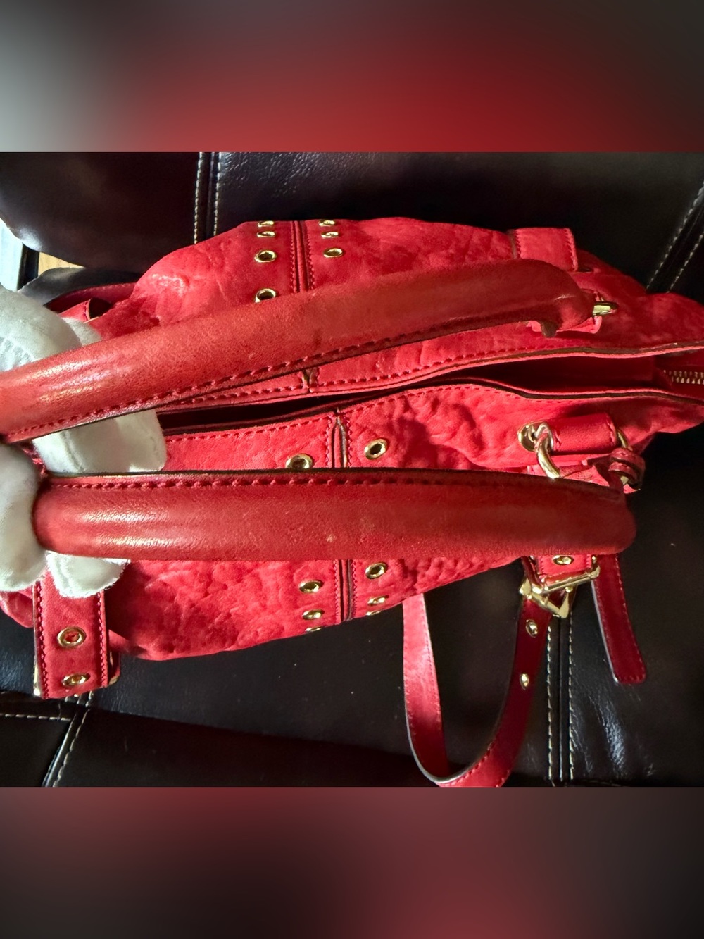 Michael Kors Red Leather Studded Tote with Gold Hardware - Picture 16 of 17